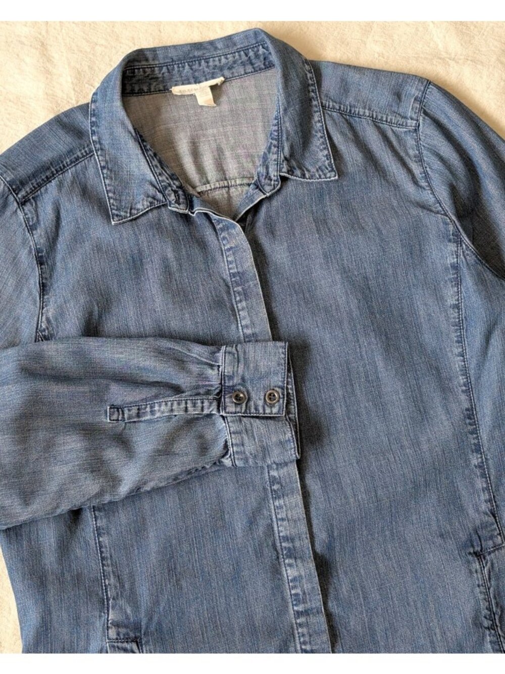 Eileen Fisher Women's Chambray Denim Button Front Shirt Dress Pockets LG Cotton